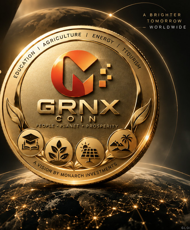 GRNX Coin above a glowing connected Earth
